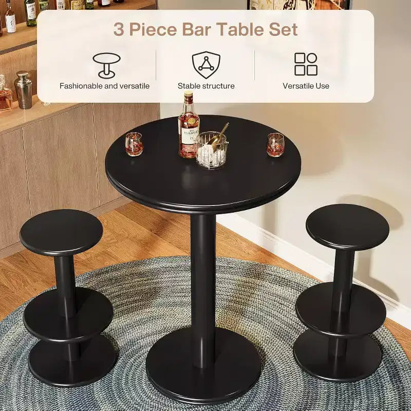 Table de bar ronde et haute avec chaises; table de bar bistro moderne avec deux tabourets de bar; table cocktail haute en bois.