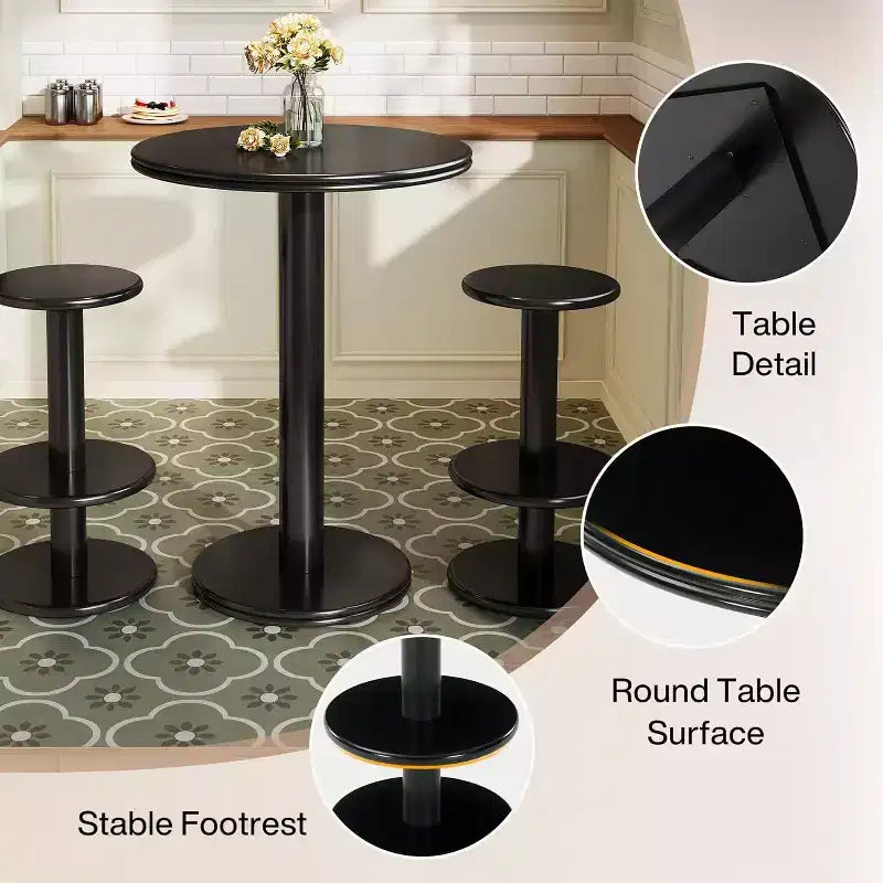 Table de bar ronde et haute avec chaises; table de bar bistro moderne avec deux tabourets de bar; table cocktail haute en bois.
