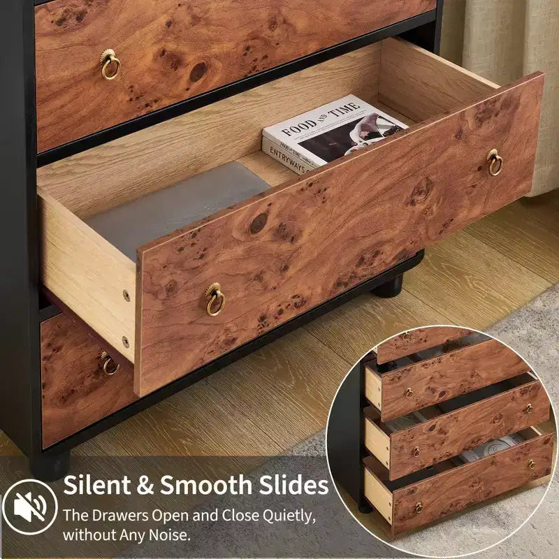 Commode à cinq tiroirs, silhouette incurvée, style moderne, grain de chêne naturel.