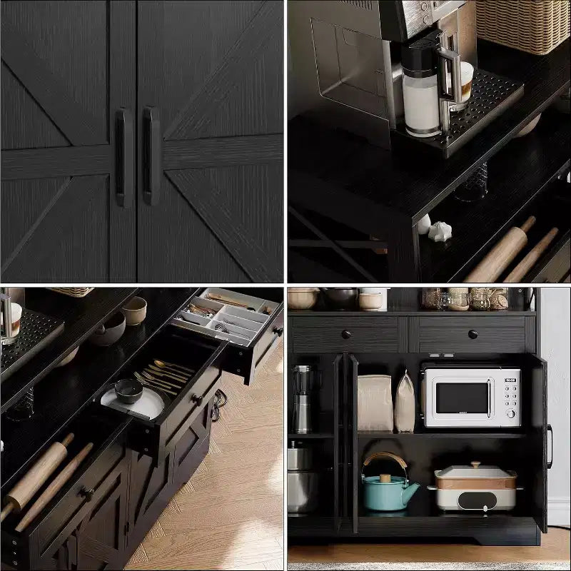 Un buffet noir de style ferme avec étagères de rangement et station de recharge intégrée.