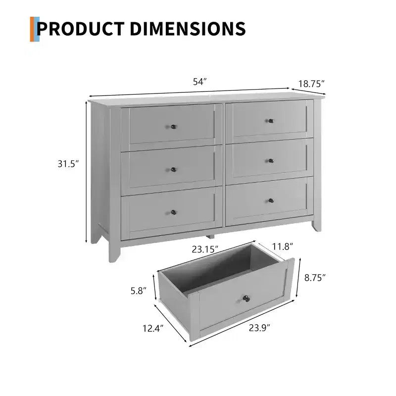 Commode à six tiroirs pour la chambre, avec de larges tiroirs en bois munis de poignées métalliques.