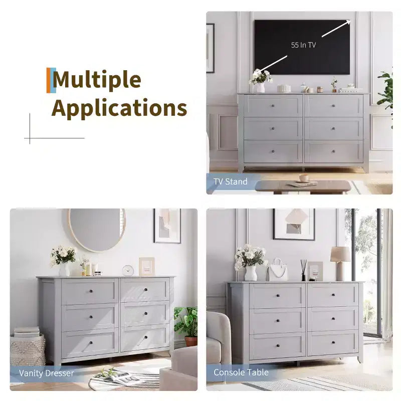 Commode à six tiroirs pour la chambre, avec de larges tiroirs en bois munis de poignées métalliques.
