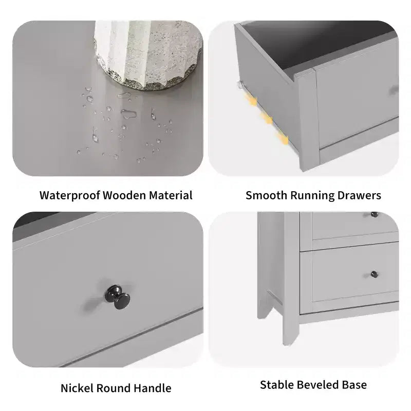 Commode à six tiroirs pour la chambre, avec de larges tiroirs en bois munis de poignées métalliques.
