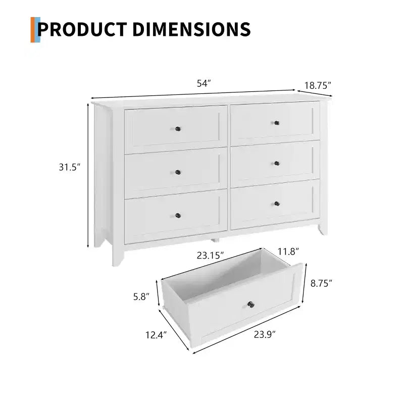 Commode à six tiroirs pour la chambre, avec de larges tiroirs en bois munis de poignées métalliques.