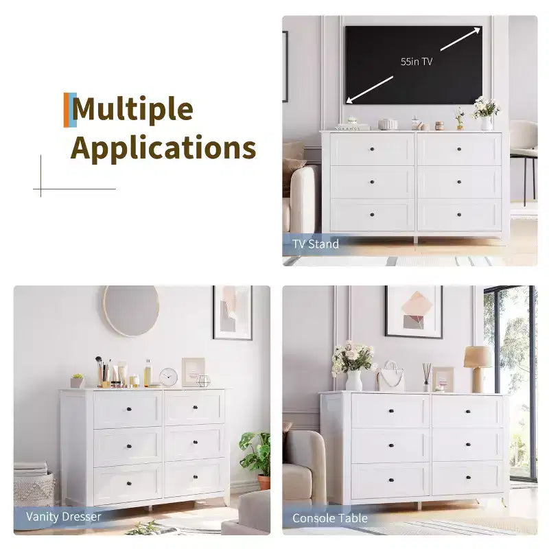Commode à six tiroirs pour la chambre, avec de larges tiroirs en bois munis de poignées métalliques.