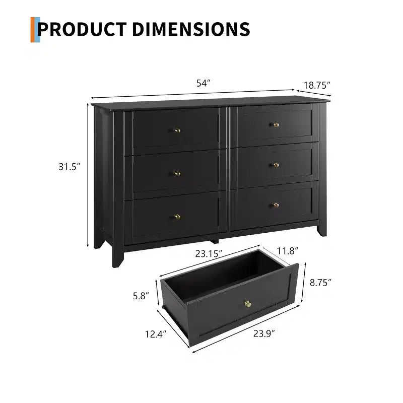 Commode à six tiroirs pour la chambre, avec de larges tiroirs en bois munis de poignées métalliques.