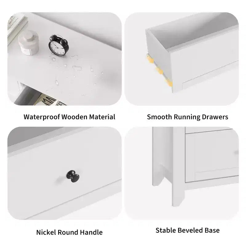 Commode à six tiroirs pour la chambre, avec de larges tiroirs en bois munis de poignées métalliques.