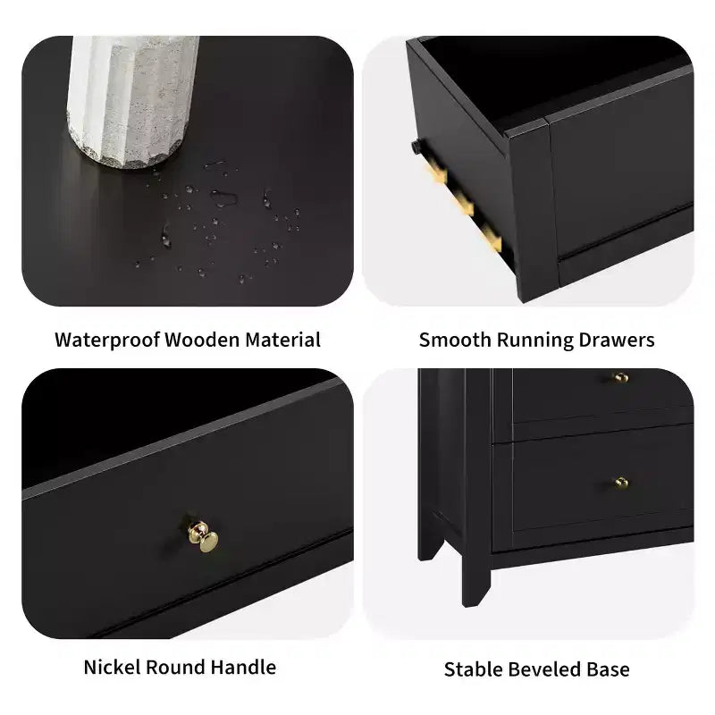 Commode à six tiroirs pour la chambre, avec de larges tiroirs en bois munis de poignées métalliques.