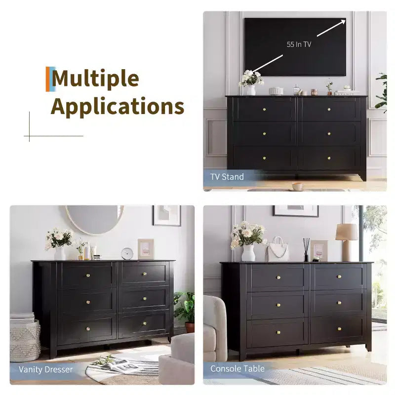 Commode à six tiroirs pour la chambre, avec de larges tiroirs en bois munis de poignées métalliques.