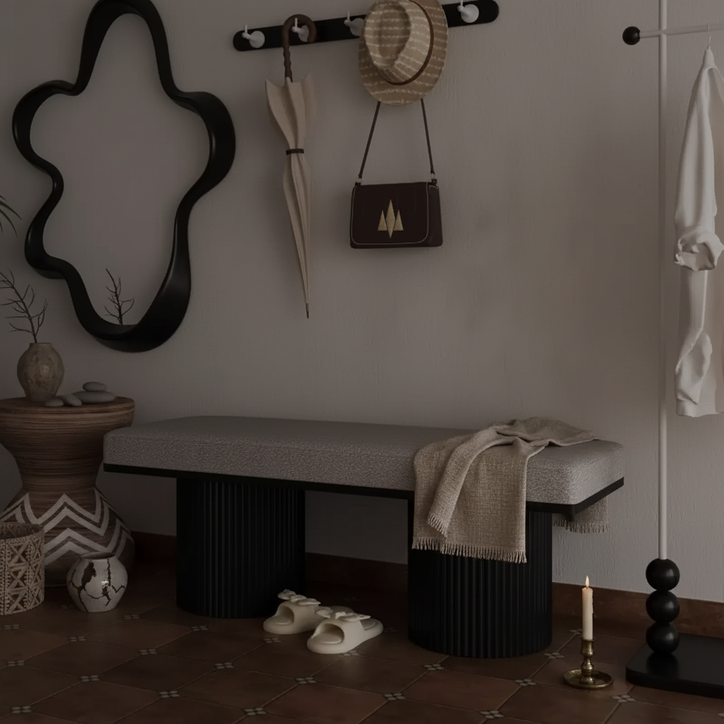 Banc décoratif en tissu à pieds épais, style moderne.