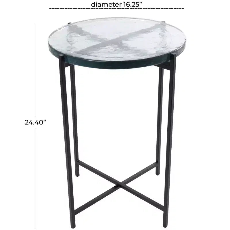 Guéridon en métal en forme de X avec plateau en verre texturé noir