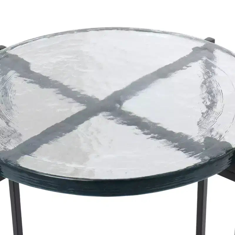 Guéridon en métal en forme de X avec plateau en verre texturé noir
