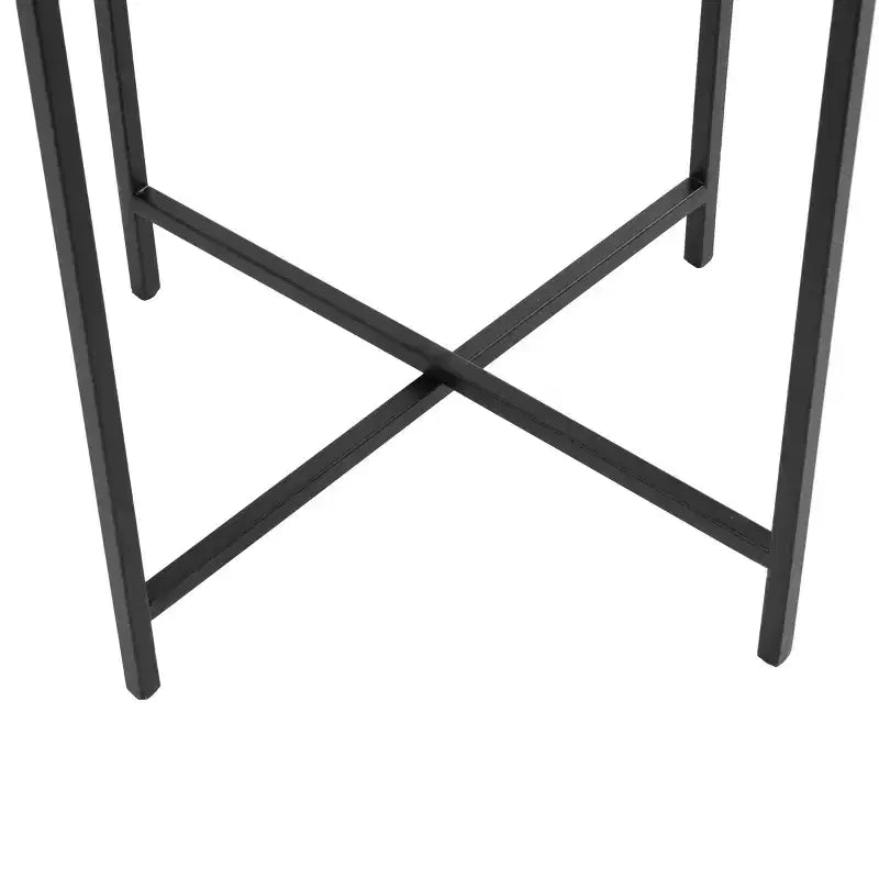 Guéridon en métal en forme de X avec plateau en verre texturé noir
