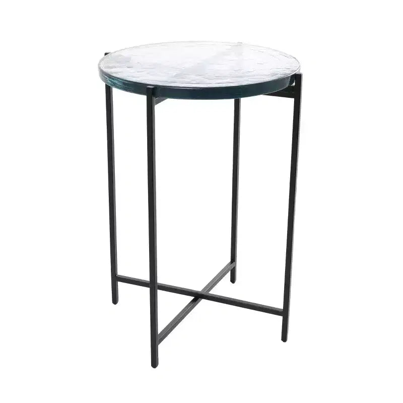 Guéridon en métal en forme de X avec plateau en verre texturé noir