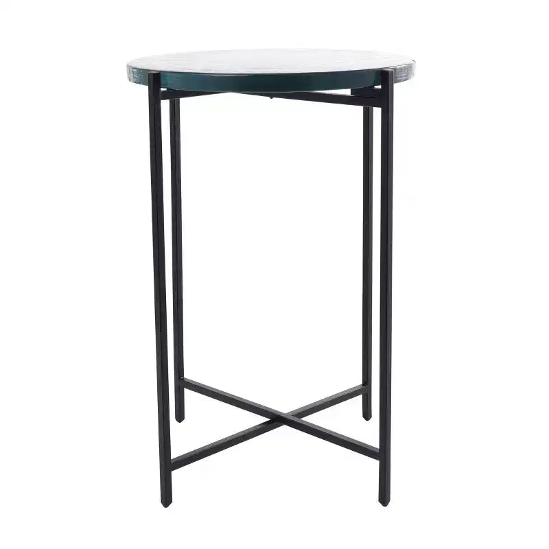 Guéridon en métal en forme de X avec plateau en verre texturé noir