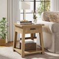 Table d'appoint carrée à double plateau, table de coin en bois avec tiroirs et étagère de rangement.