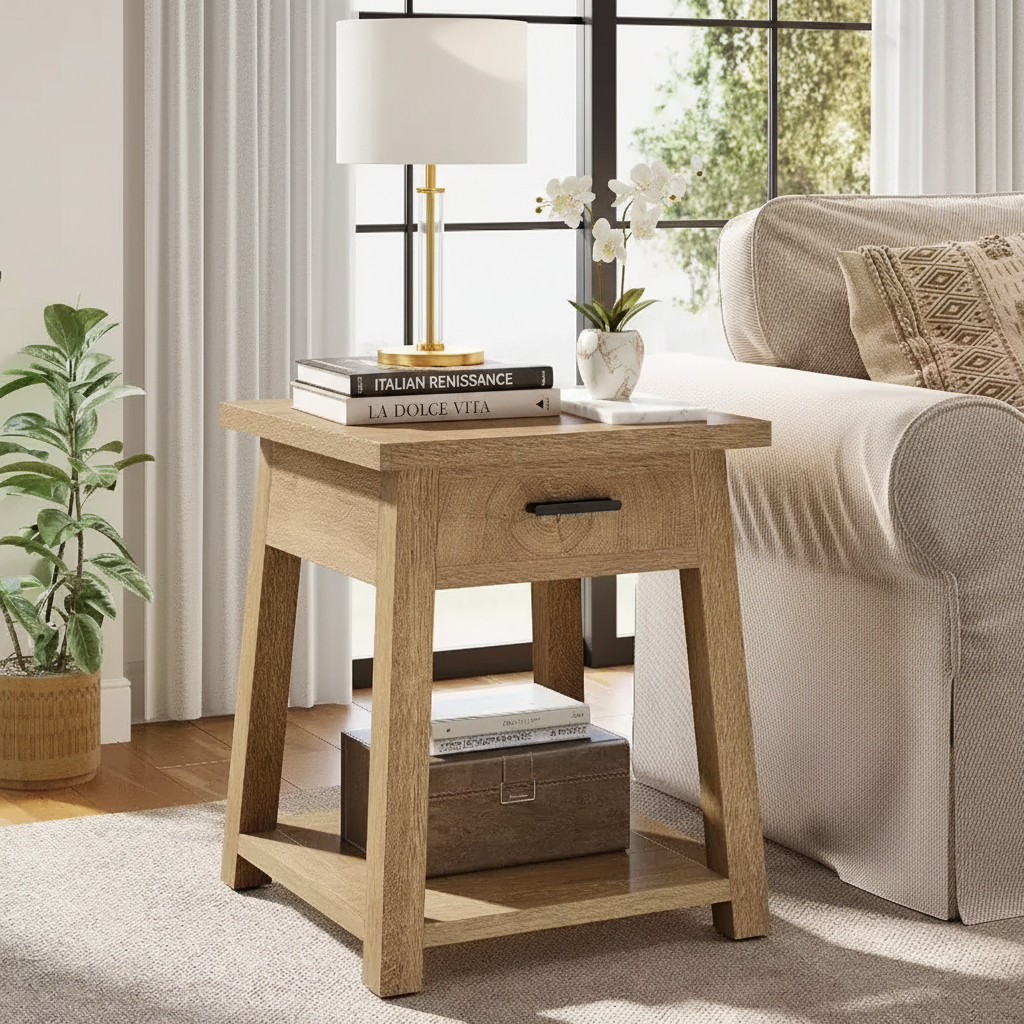 Table d'appoint carrée à double plateau, table de coin en bois avec tiroirs et étagère de rangement.