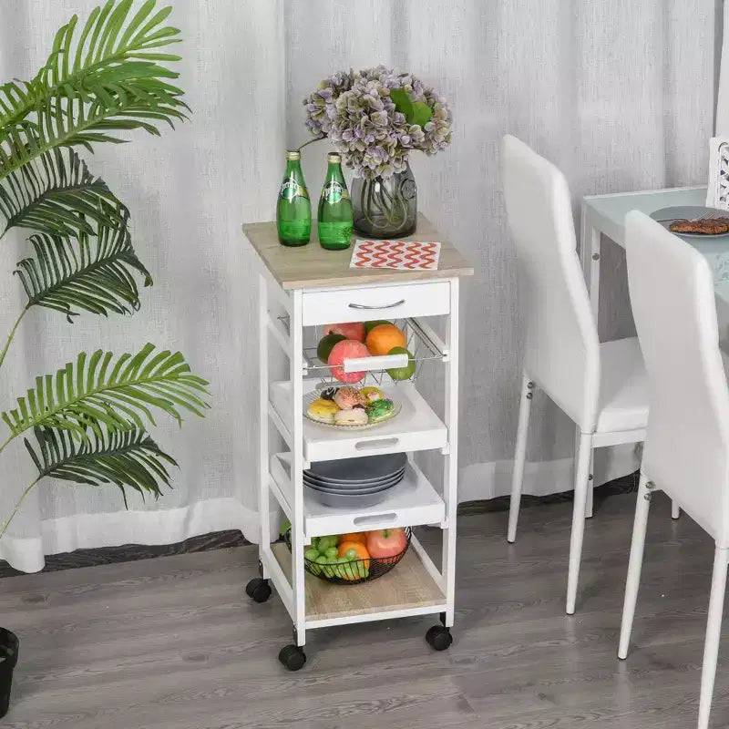 Desserte de cuisine mobile à roulettes avec tiroir inférieur et panier de rangement coulissant en fil métallique