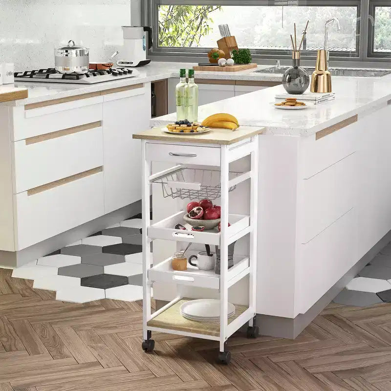 Desserte de cuisine mobile à roulettes avec tiroir inférieur et panier de rangement coulissant en fil métallique