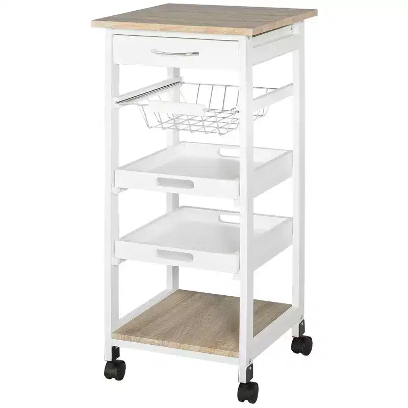 Desserte de cuisine mobile à roulettes avec tiroir inférieur et panier de rangement coulissant en fil métallique
