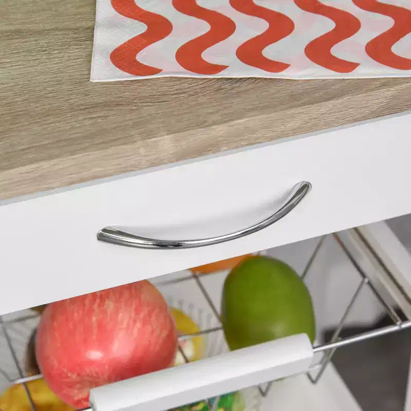 Desserte de cuisine mobile à roulettes avec tiroir inférieur et panier de rangement coulissant en fil métallique