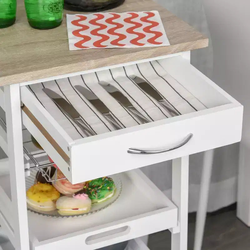 Desserte de cuisine mobile à roulettes avec tiroir inférieur et panier de rangement coulissant en fil métallique