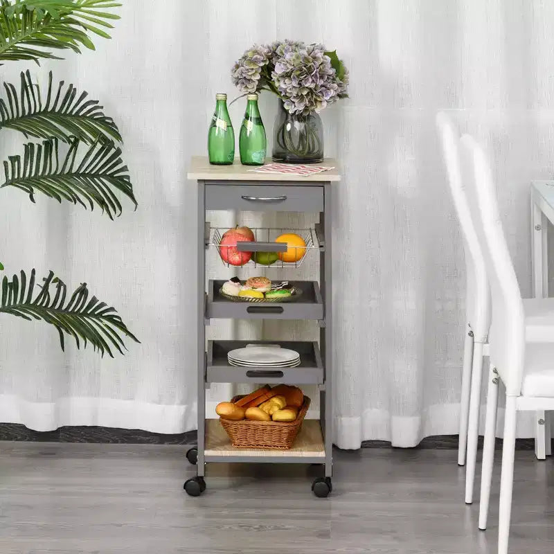 Desserte de cuisine mobile à roulettes avec tiroir inférieur et panier de rangement coulissant en fil métallique