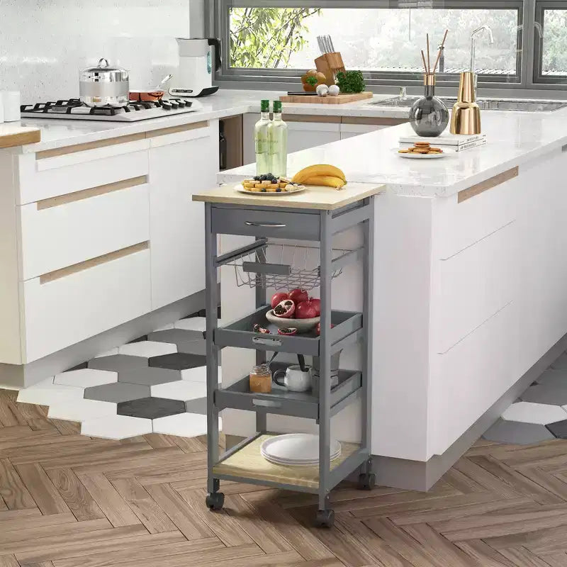 Desserte de cuisine mobile à roulettes avec tiroir inférieur et panier de rangement coulissant en fil métallique