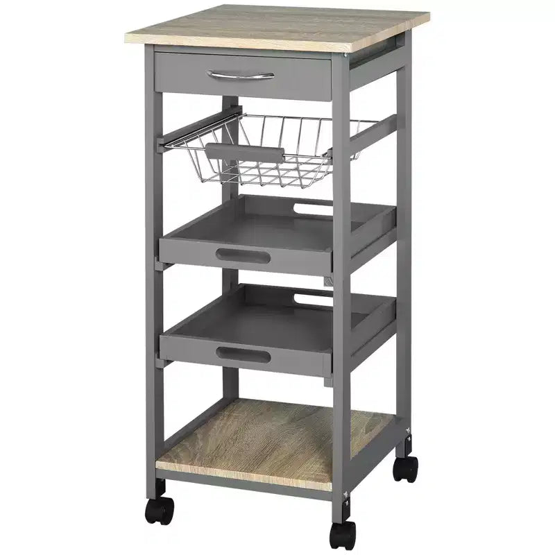 Desserte de cuisine mobile à roulettes avec tiroir inférieur et panier de rangement coulissant en fil métallique