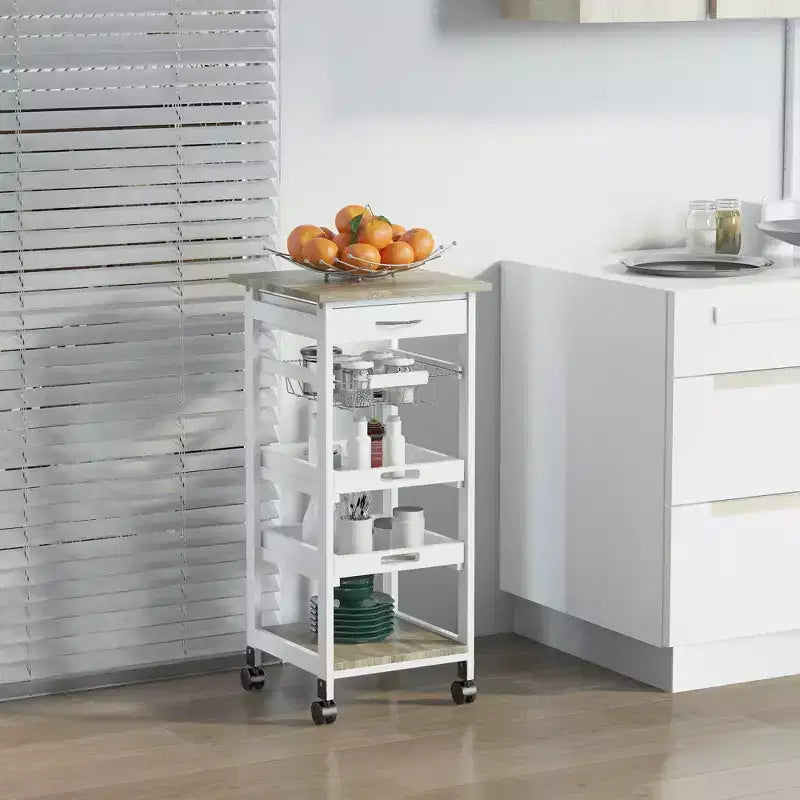 Desserte de cuisine mobile à roulettes avec tiroir inférieur et panier de rangement coulissant en fil métallique