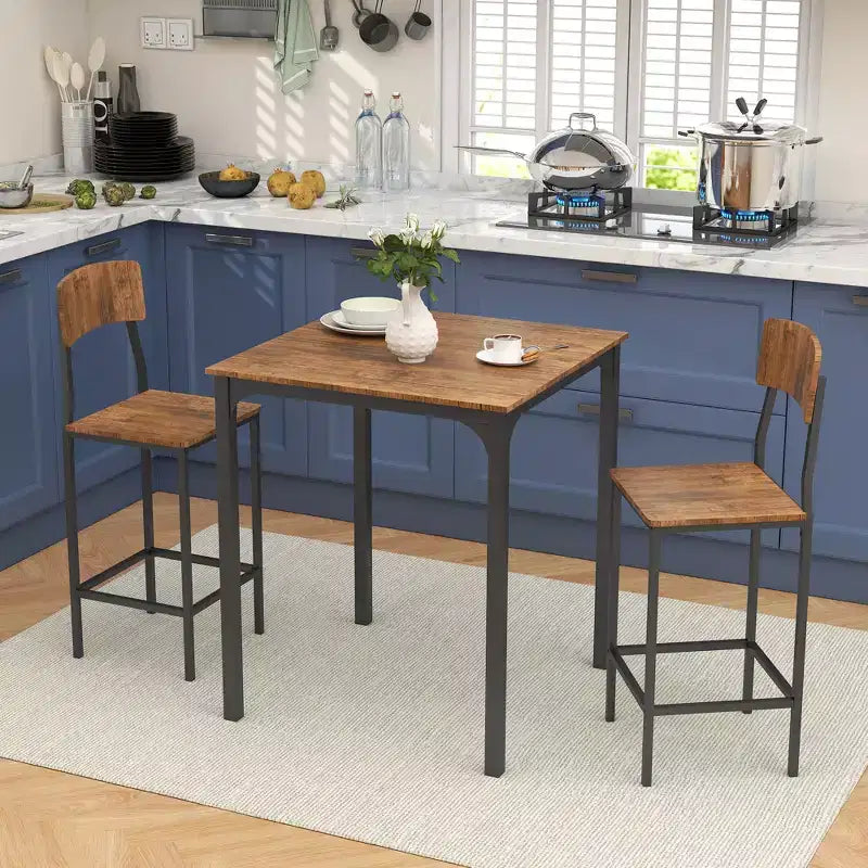 Ensemble table de bar et tabourets de style industriel, pieds et repose-pieds en acier