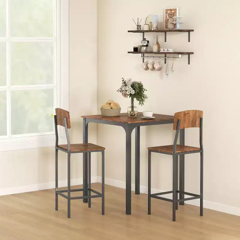 Ensemble table de bar et tabourets de style industriel, pieds et repose-pieds en acier