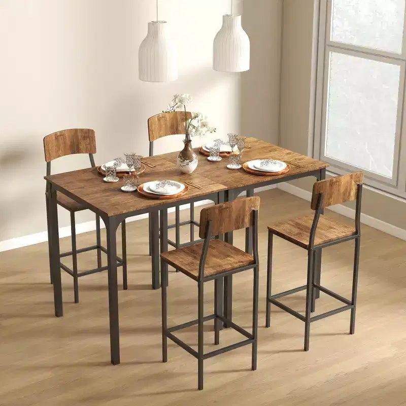 Ensemble table de bar et tabourets de style industriel, pieds et repose-pieds en acier