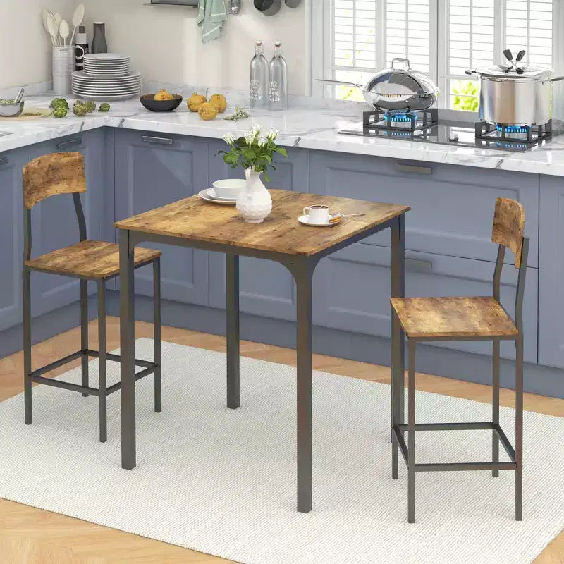 Ensemble table de bar et tabourets de style industriel, pieds et repose-pieds en acier