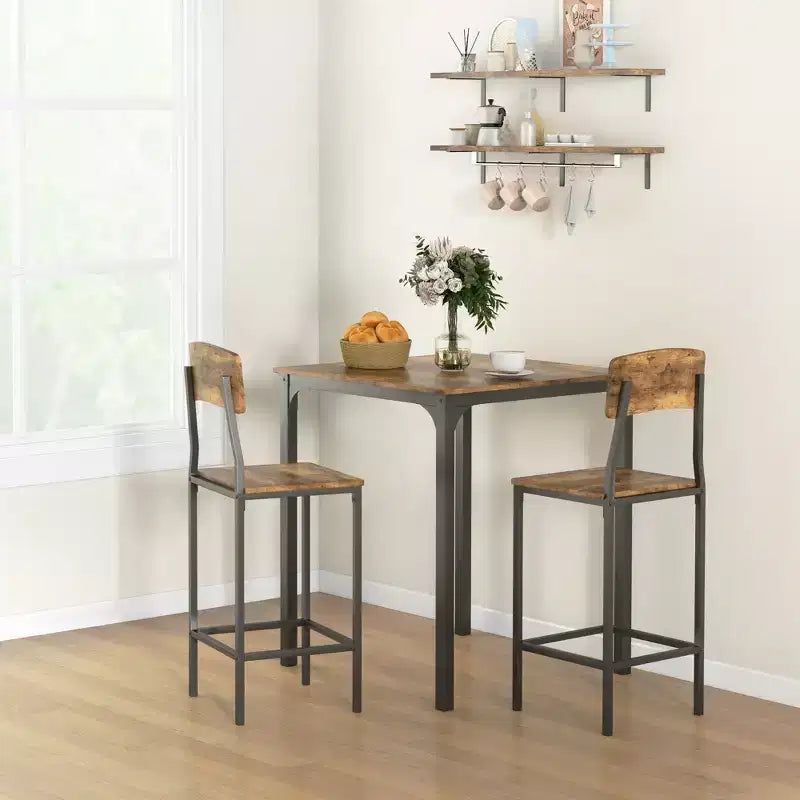 Ensemble table de bar et tabourets de style industriel, pieds et repose-pieds en acier