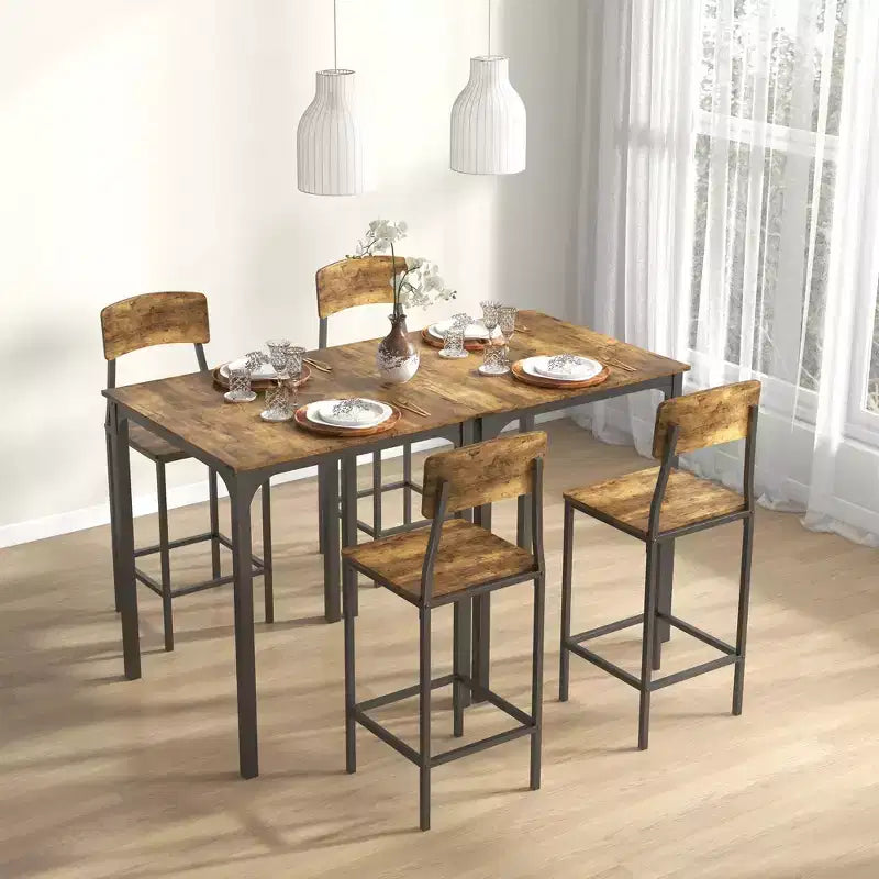 Ensemble table de bar et tabourets de style industriel, pieds et repose-pieds en acier