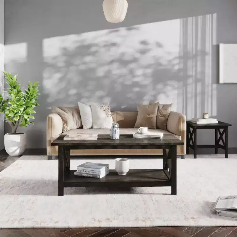 Table basse de style rustique en bois massif avec étagères de rangement