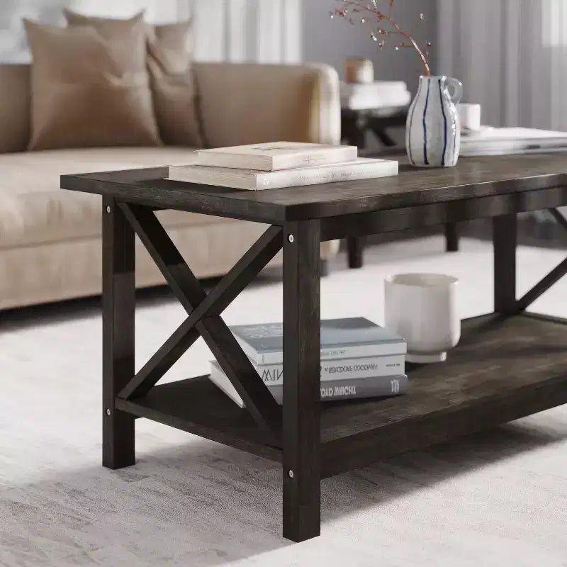 Table basse de style rustique en bois massif avec étagères de rangement