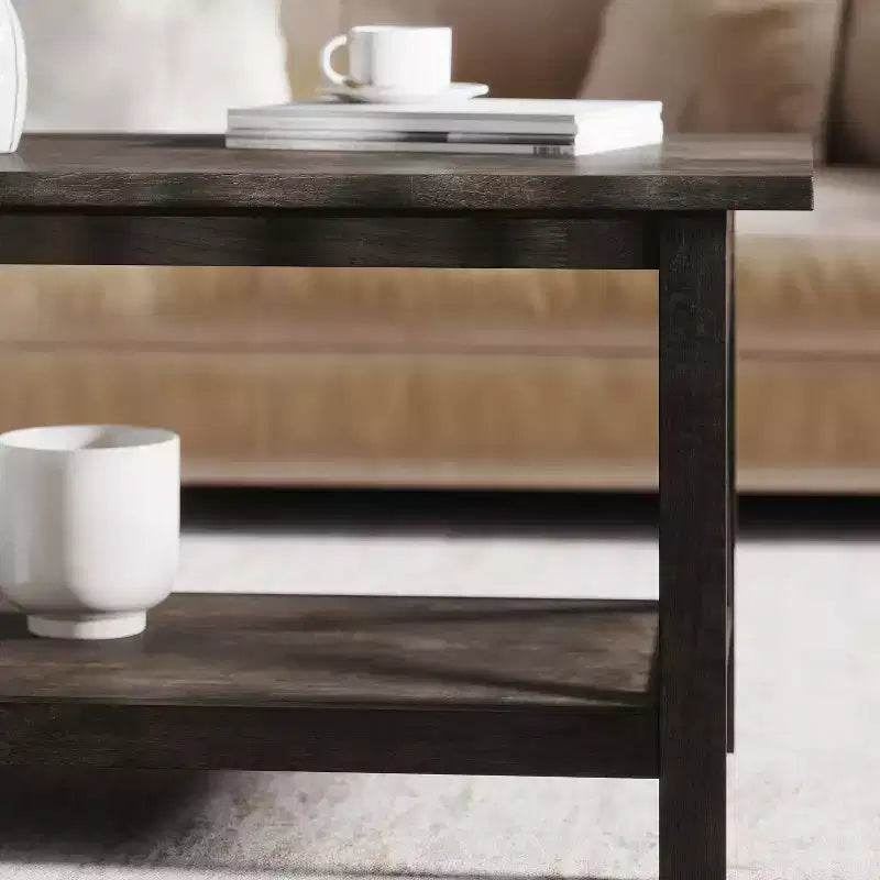 Table basse de style rustique en bois massif avec étagères de rangement