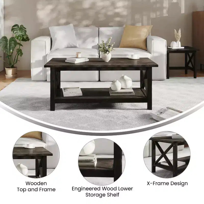 Table basse de style rustique en bois massif avec étagères de rangement
