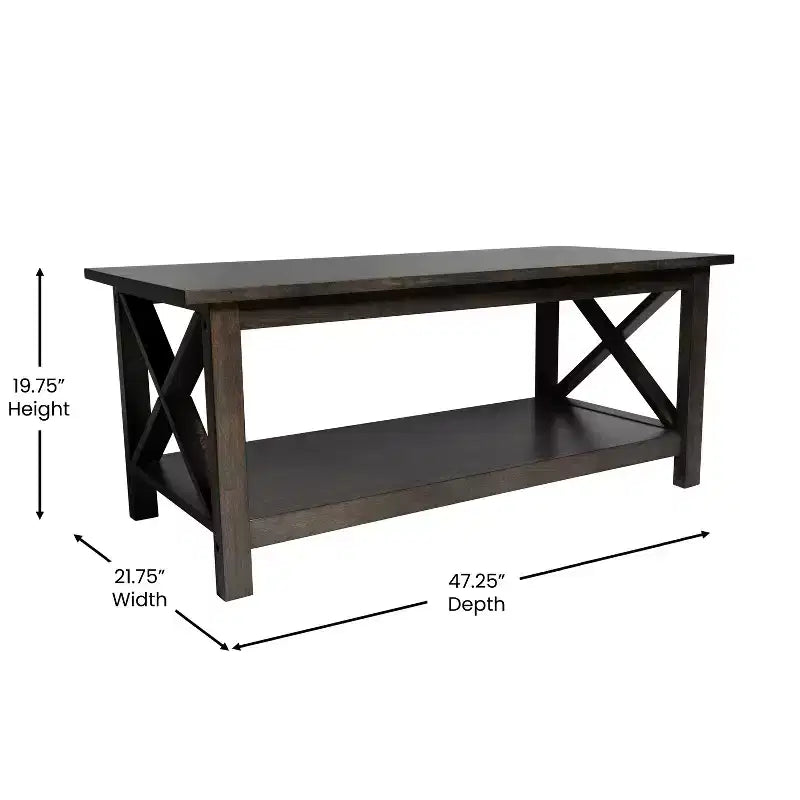 Table basse de style rustique en bois massif avec étagères de rangement