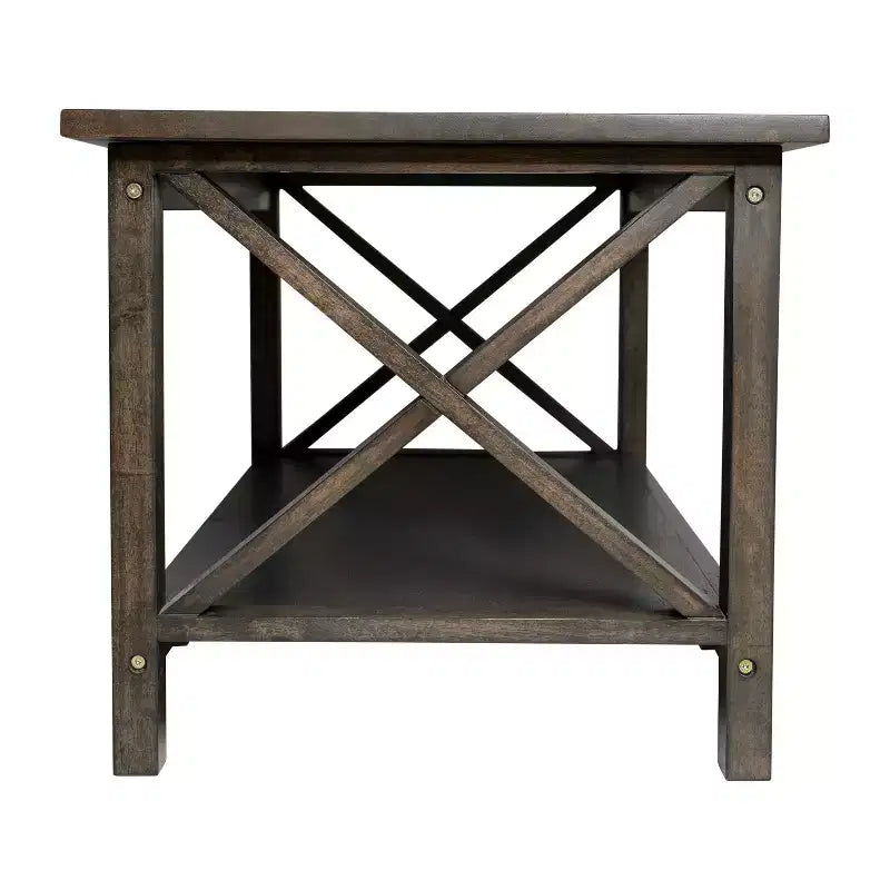 Table basse de style rustique en bois massif avec étagères de rangement