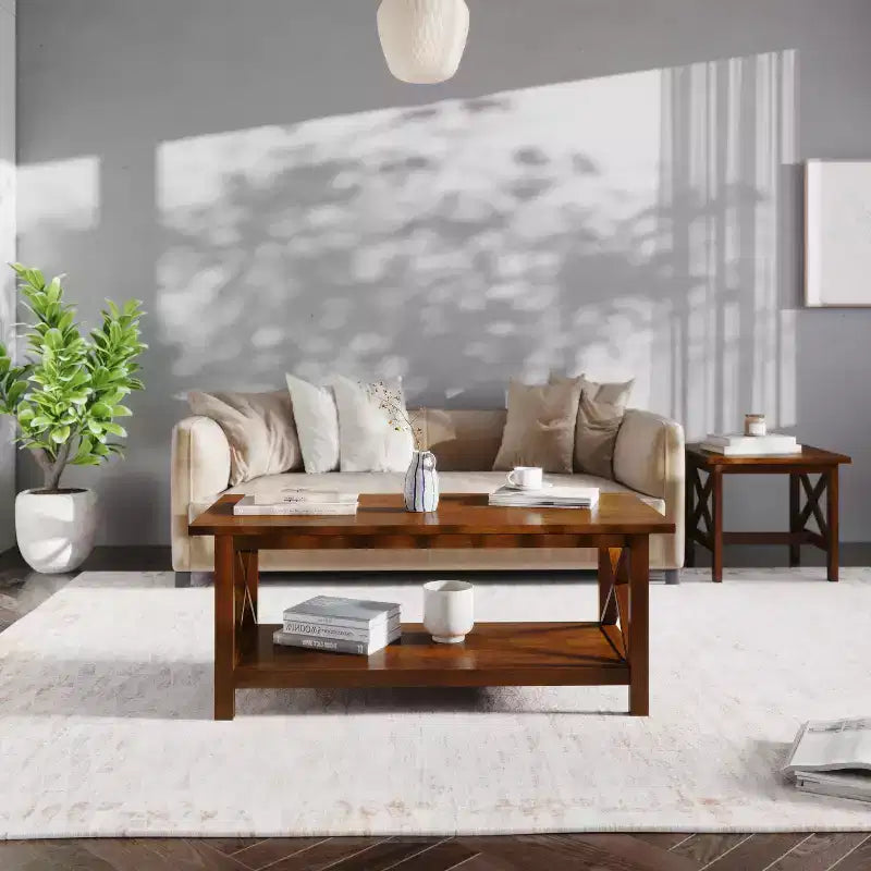 Table basse de style rustique en bois massif avec étagères de rangement