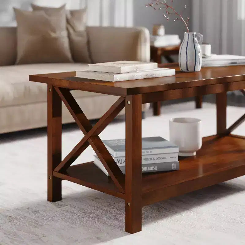 Table basse de style rustique en bois massif avec étagères de rangement