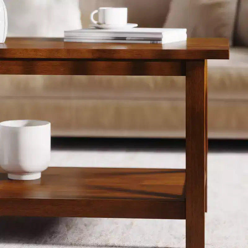 Table basse de style rustique en bois massif avec étagères de rangement
