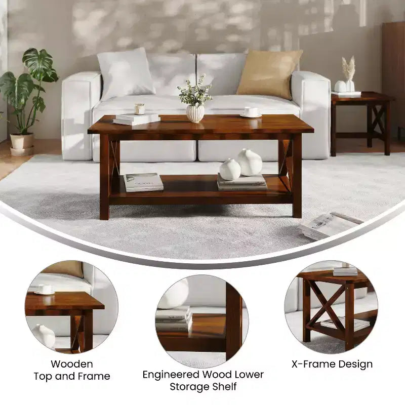 Table basse de style rustique en bois massif avec étagères de rangement