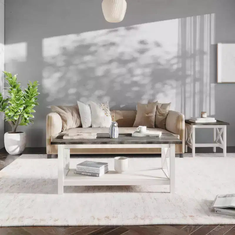 Table basse de style rustique en bois massif avec étagères de rangement