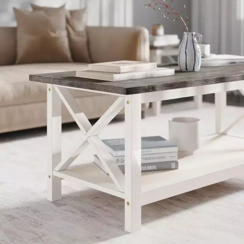 Table basse de style rustique en bois massif avec étagères de rangement