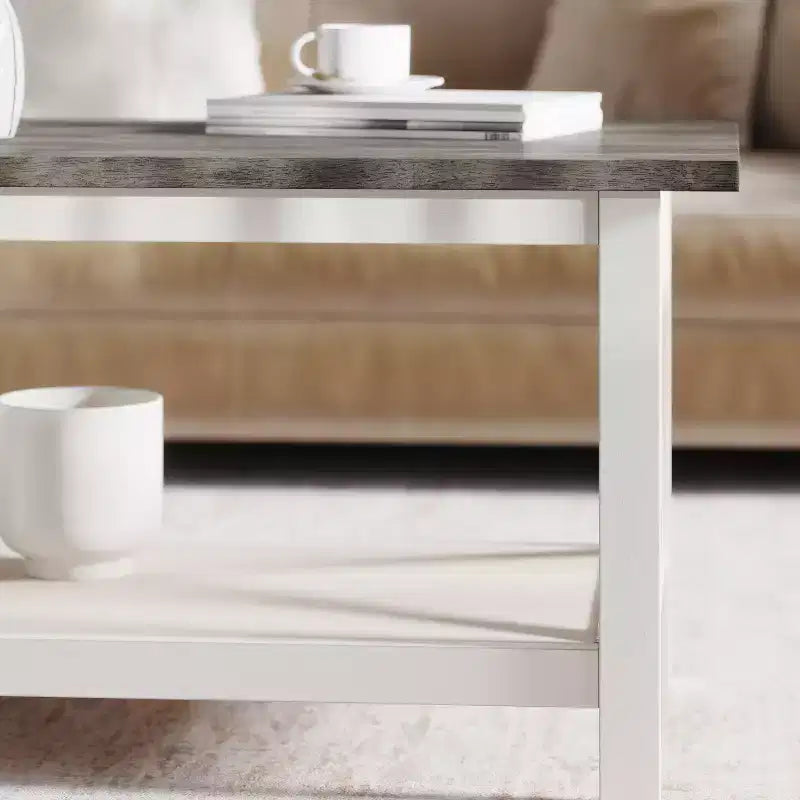 Table basse de style rustique en bois massif avec étagères de rangement