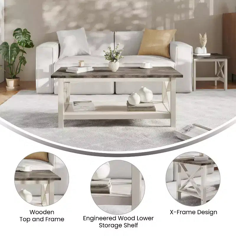 Table basse de style rustique en bois massif avec étagères de rangement